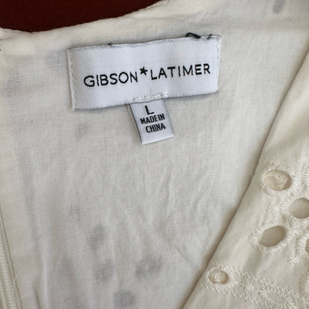 Gibson Latimer Ivory Eyelet Hi Low Puff Sleeve All Cotton Midi Dress Lined L - Picture 9 of 12